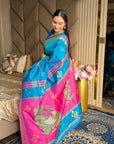 Rama Soft Silk Ikkat Patola Saree with Meenakari Motifs Peacock Pallu and Gold Zari Border