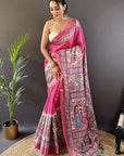 Pink Tussar Silk Madhubani Printed Saree with Zari Woven Border