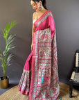 Pink Tussar Silk Madhubani Printed Saree with Zari Woven Border