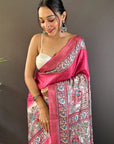 Pink Tussar Silk Madhubani Printed Saree with Zari Woven Border