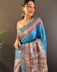 Curious Blue Tussar Silk Madhubani Printed Saree with Zari Woven Border