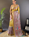 Gold Tussar Silk Madhubani Printed Saree with Zari Woven Border