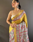 Gold Tussar Silk Madhubani Printed Saree with Zari Woven Border