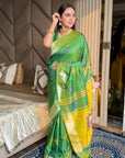 Mehendi Soft Silk Ikkat Patola Saree with Meenakari Motifs Peacock Pallu and Gold Zari Border