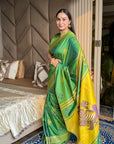 Mehendi Soft Silk Ikkat Patola Saree with Meenakari Motifs Peacock Pallu and Gold Zari Border