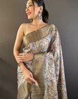 Grey Assam Silk Kalamkari Printed Saree with Zari Woven Border