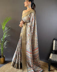 Grey Assam Silk Kalamkari Printed Saree with Zari Woven Border