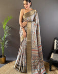 Grey Assam Silk Kalamkari Printed Saree with Zari Woven Border