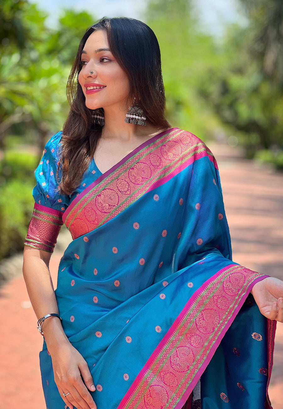 Blue Contrast Zari Woven Yeola Paithani Silk Saree