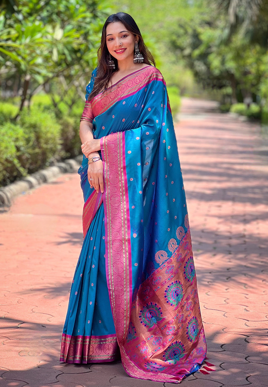 Blue Contrast Zari Woven Yeola Paithani Silk Saree