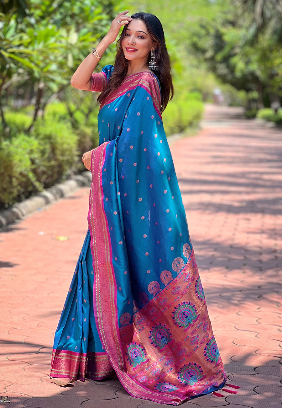 Blue Contrast Zari Woven Yeola Paithani Silk Saree