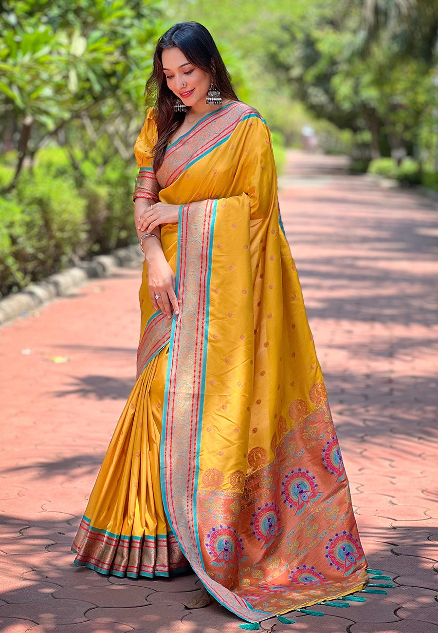 Gold Contrast Zari Woven Yeola Paithani Silk Saree