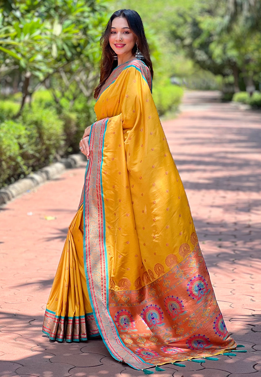 Gold Contrast Zari Woven Yeola Paithani Silk Saree