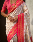 Cream Soft Silk Checks Traditional Zari Contrast Woven Saree