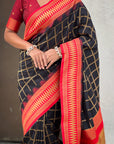 Black Soft Silk Checks Traditional Zari Contrast Woven Saree