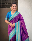 Purple Soft Silk Checks Traditional Zari Contrast Woven Saree