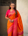 Orange Soft Silk Checks Traditional Zari Contrast Woven Saree