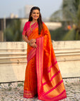 Orange Soft Silk Checks Traditional Zari Contrast Woven Saree