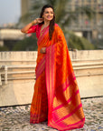 Orange Soft Silk Checks Traditional Zari Contrast Woven Saree