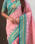 Baby Pink Soft Silk Checks Traditional Zari Contrast Woven Saree