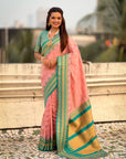 Baby Pink Soft Silk Checks Traditional Zari Contrast Woven Saree