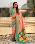 Baby Pink Soft Silk Checks Traditional Zari Contrast Woven Saree
