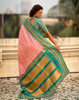 Baby Pink Soft Silk Checks Traditional Zari Contrast Woven Saree