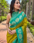 Mehendi Green Soft Silk Floral Border Zari Woven Saree