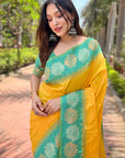 Yellow Soft Silk Floral Border Zari Woven Saree