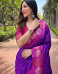 Purple Jam Soft Silk Floral Border Zari Woven Saree