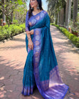 Teal Blue Soft Silk Floral Border Zari Woven Saree