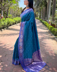 Teal Blue Soft Silk Floral Border Zari Woven Saree