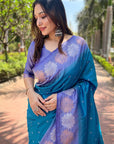 Teal Blue Soft Silk Floral Border Zari Woven Saree