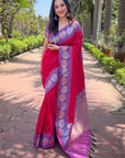 Hot Pink Soft Silk Floral Border Zari Woven Saree