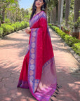 Hot Pink Soft Silk Floral Border Zari Woven Saree