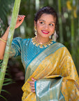 Yellow Kanjivaram Tissue Silk Traditional Zari Woven Saree