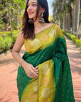 Green Pea Soft Silk Floral Border Zari Woven Saree