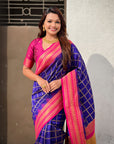Violet Soft Silk Checks Traditional Zari Contrast Woven Saree
