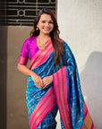 Blue Soft Silk Checks Traditional Zari Contrast Woven Saree