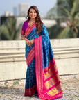 Blue Soft Silk Checks Traditional Zari Contrast Woven Saree