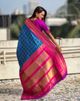 Blue Soft Silk Checks Traditional Zari Contrast Woven Saree
