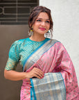 Baby Pink Kanjivaram Tissue Silk Traditional Zari Woven Saree