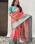 Peach Kanjivaram Tissue Silk Traditional Zari Woven Saree