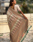 Cream Pashmina Kashmiri Silk Zari Woven Saree