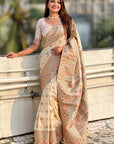 Cream Pashmina Kashmiri Silk Zari Woven Saree