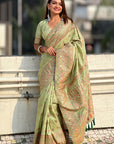 Pistachio Green Pashmina Kashmiri Silk Zari Woven Saree