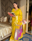Yellow Soft Silk Ikkat Patola Saree with Meenakari Motifs Peacock Pallu and Gold Zari Border