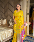 Yellow Soft Silk Ikkat Patola Saree with Meenakari Motifs Peacock Pallu and Gold Zari Border