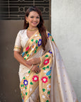 Cream Big Border Paithani Silk Zari Woven Saree