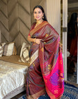 Coffee Soft Silk Ikkat Patola Saree with Meenakari Motifs Peacock Pallu and Gold Zari Border